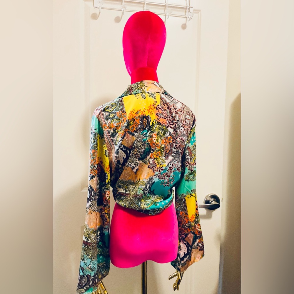 Rachel Zoe green paisley print satin tie front boho blouse size S - Picture 5 of 5